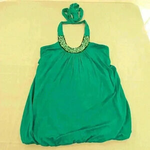 Studio Y Teal Women's Size Small Teal Halter Top With Beaded Neckline Tie Neck